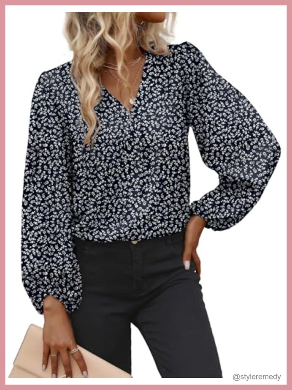 Long Sleeve Blouse Womens Floral Chiffon V-Neck Business Casual Tunic